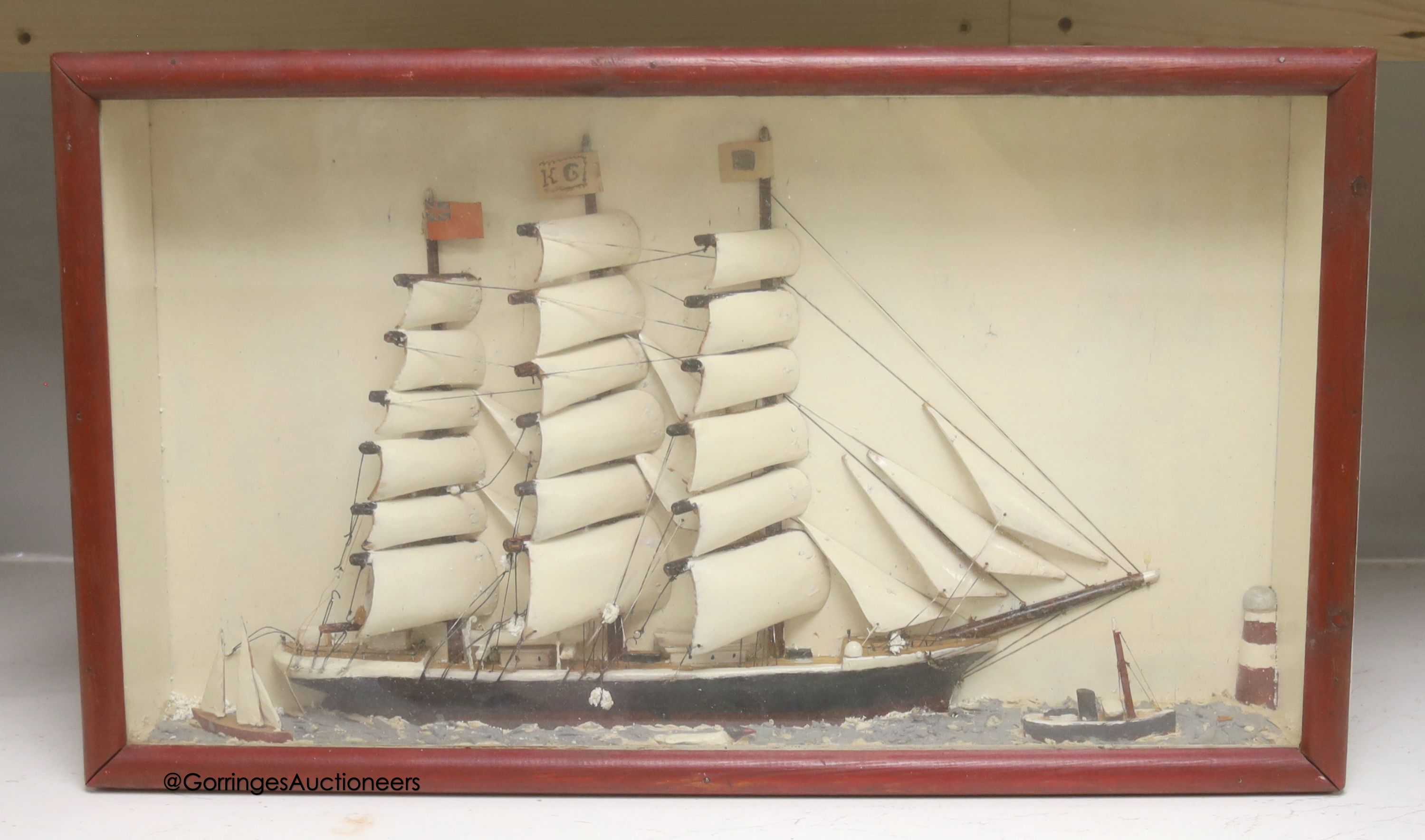 A Waterline ship diorama, glazed cabinet, 32 x 55cm